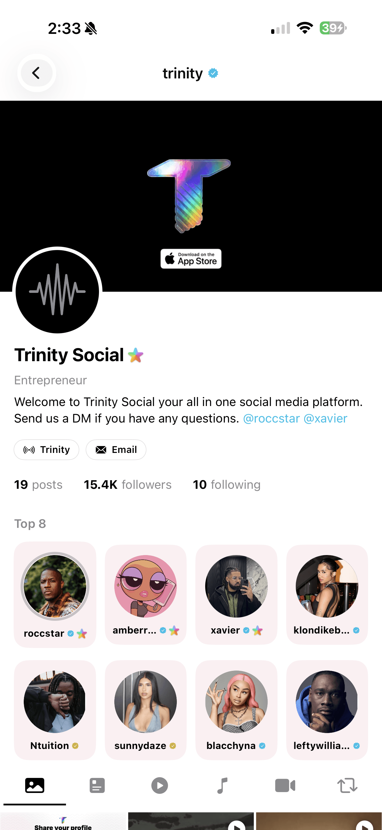 Trinity Social profile view showing handle, bio, follower counts, and Top 8 grid